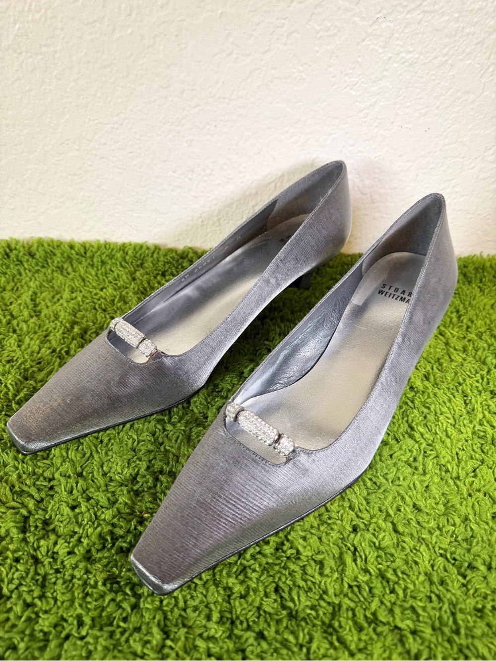 Stuart Weitzman Silver Satin Kitten Heel Pumps with Rhinestone Buckle